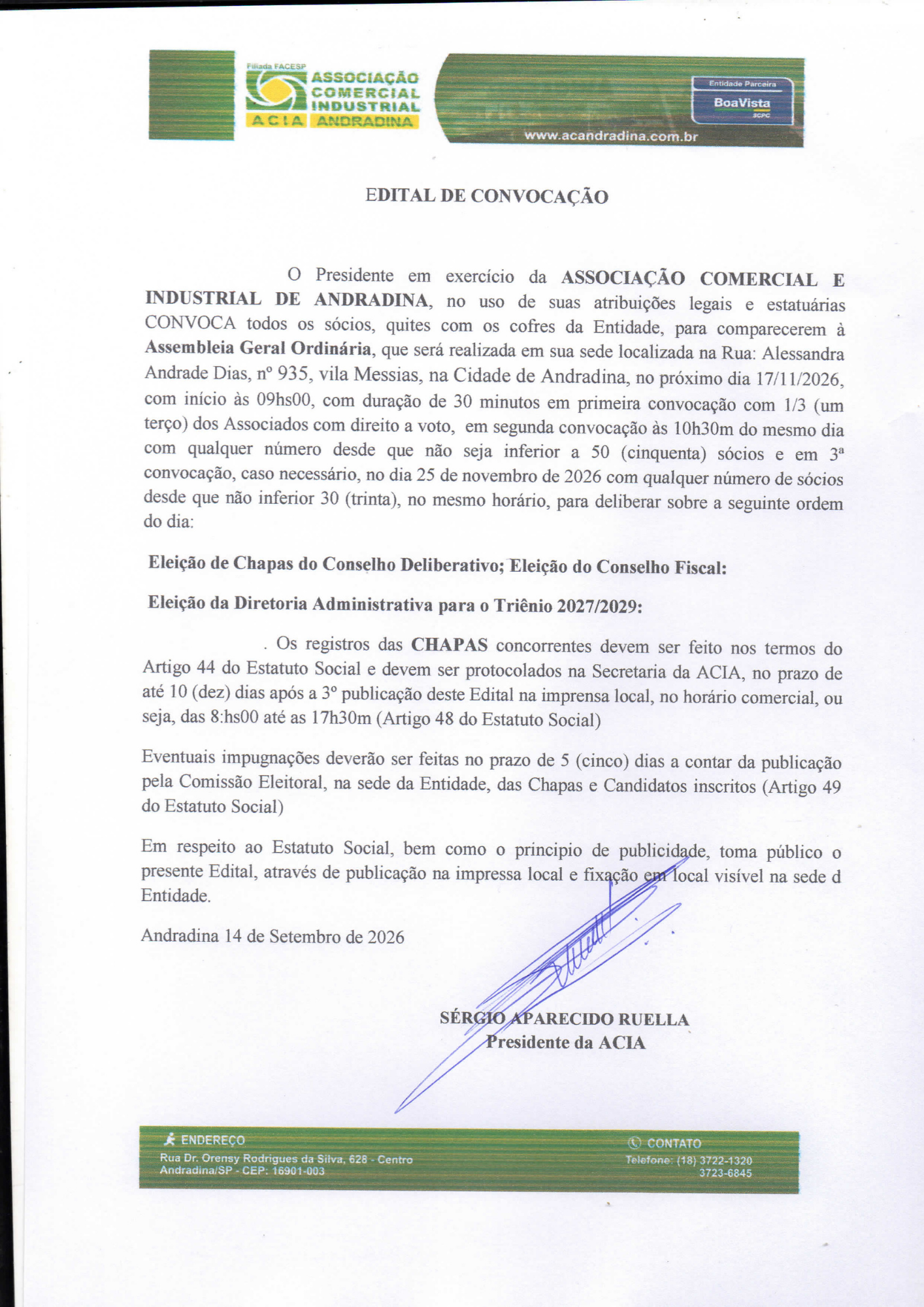Edital da eleição da diretoria da Associação Comercial Industrial de Andradina 