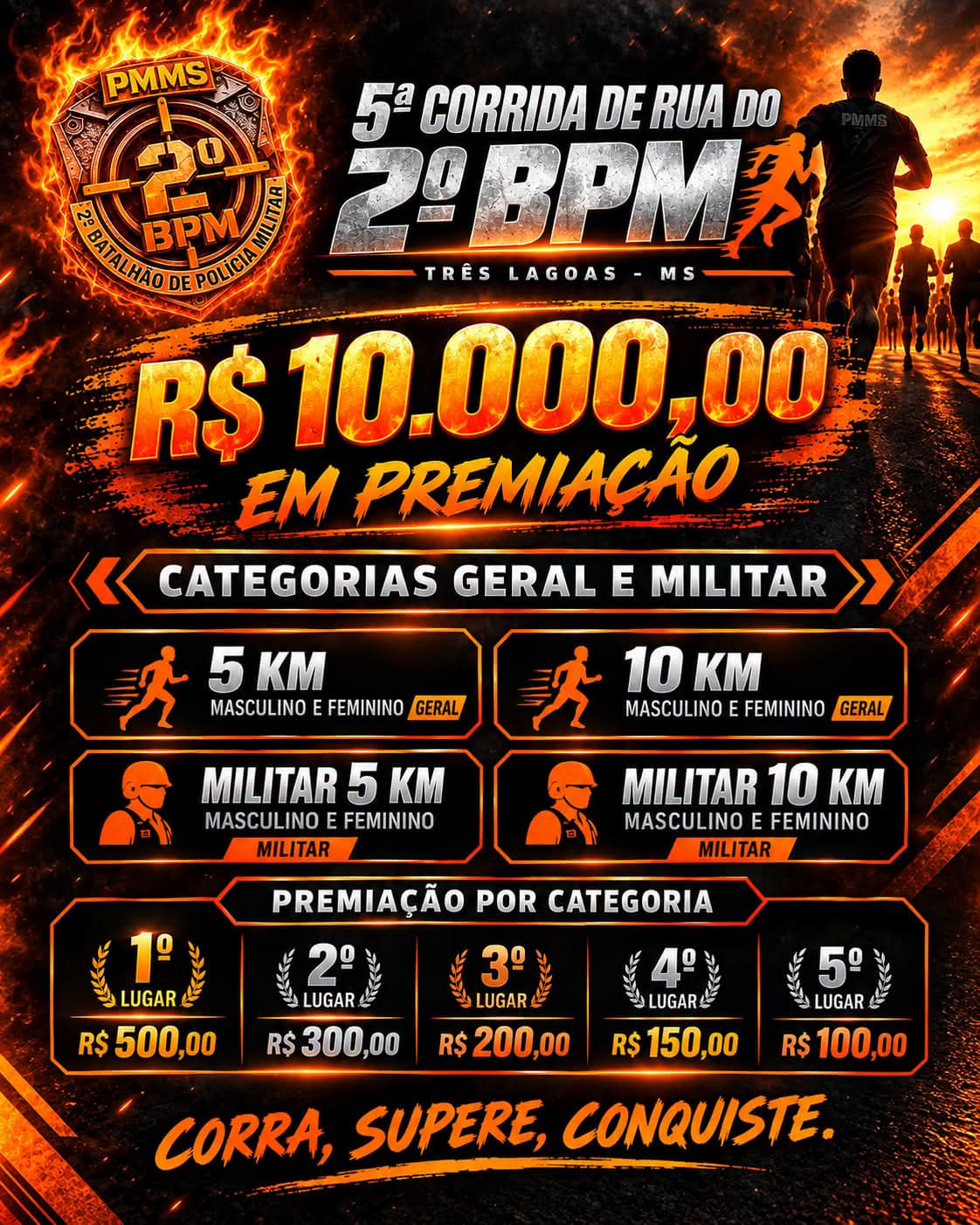 2º Batalhão de Polícia Militar de Três Lagoas Promove 5ª Corrida de Rua com R$ 10 Mil em Premiação