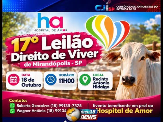 Mirandópolis realiza 17º Leilão Direito de Viver em prol do Hospital de Amor neste domingo (18)