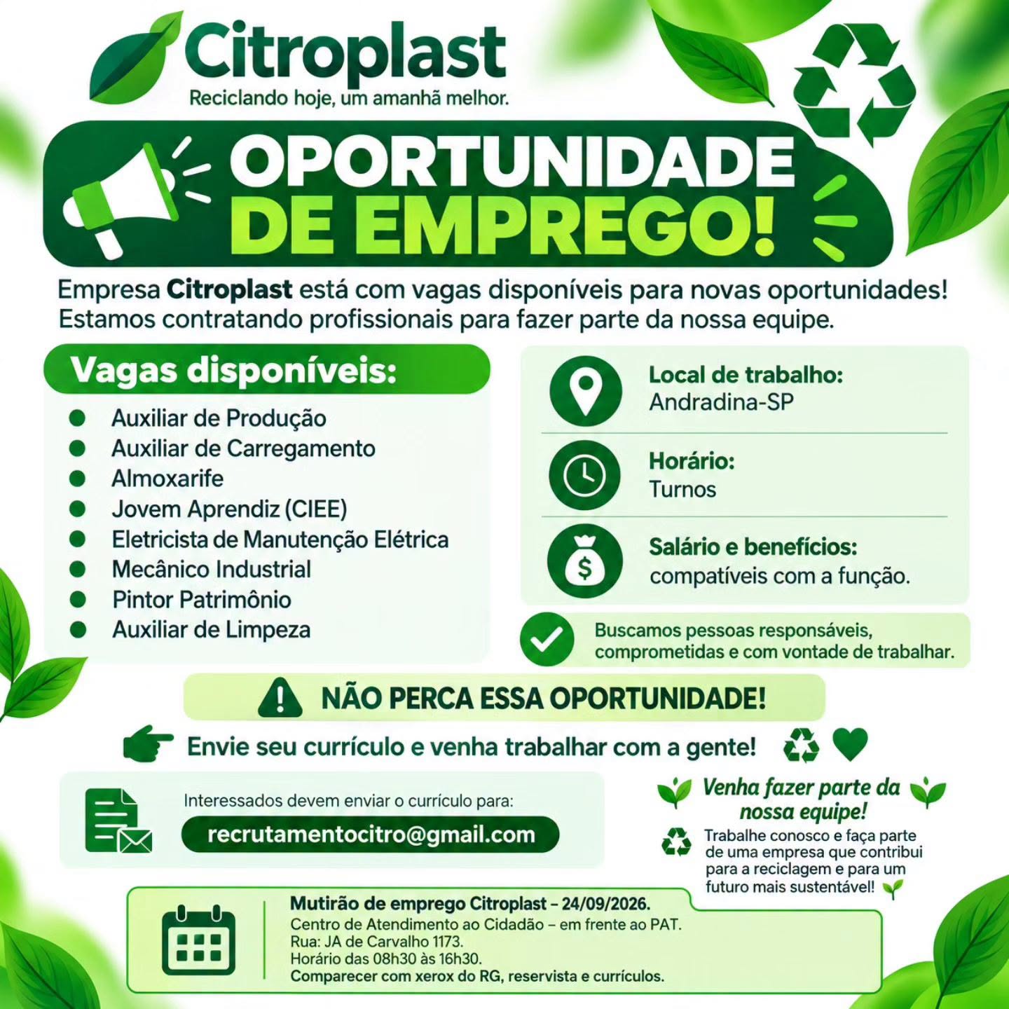 CITROPLAST DE ANDRADINA TEM VÁRIAS VAGAS DE EMPREGO NO MULTIRÃO 