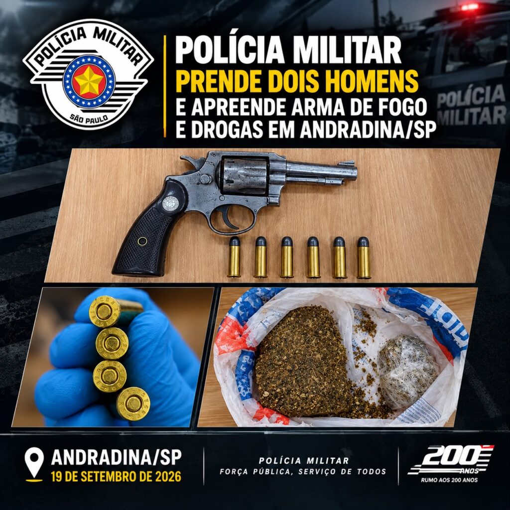 Polícia Militar de Andradina prende dois homens, apreende arma de fogo e drogas após tiros no Otávio Minholi