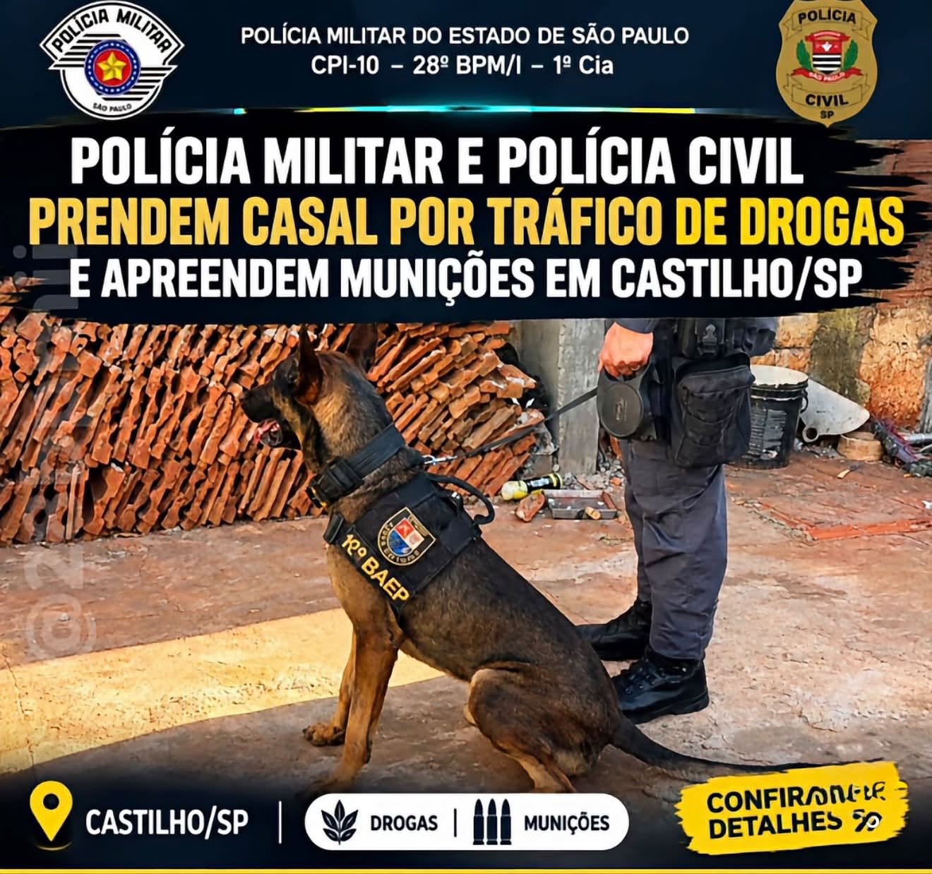 POLÍCIA MILITAR E POLÍCIA CIVIL PRENDEM CASAL POR TRÁFICO DE DROGAS E APREENDEM MUNIÇÕES EM CASTILHO/SP